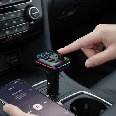 doigt montrant le Transmetteur fm bluetooth branché dans voiture