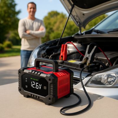 Chargeur de maintien pour batterie branché voiture avec homme qui regarde