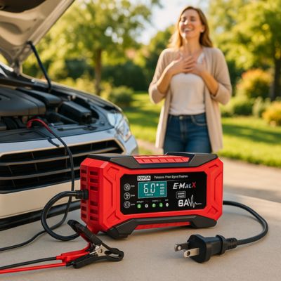 chargeur pour batterie de voiture femme contente et soulagée
