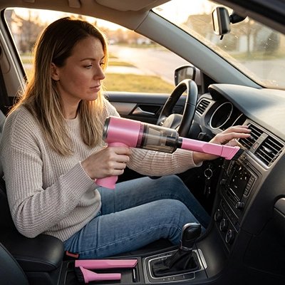 Aspirateur voiture femme qui aspire intérieur voiture