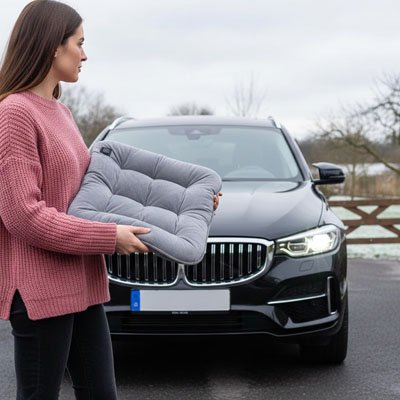 Coussin coccyx femme debout devant voiture