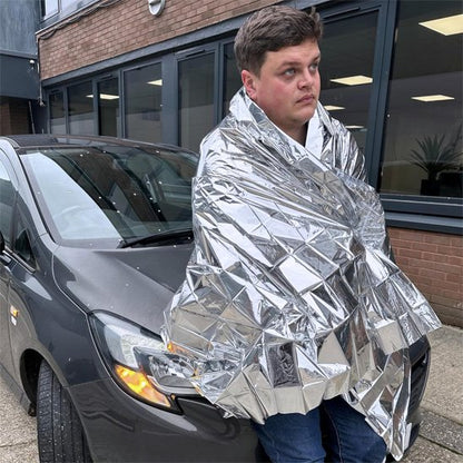 Couverture de survie grise homme