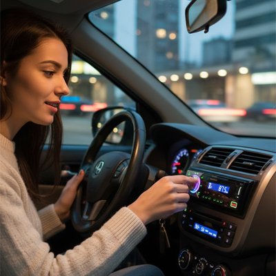 femme augmente volume Autoradio bluetooth dans voiture