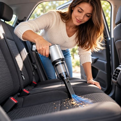 femme qui utilise un Aspirateur voiture 
