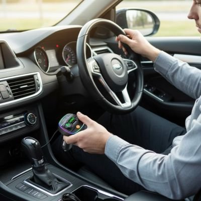homme avec Transmetteur fm bluetooth