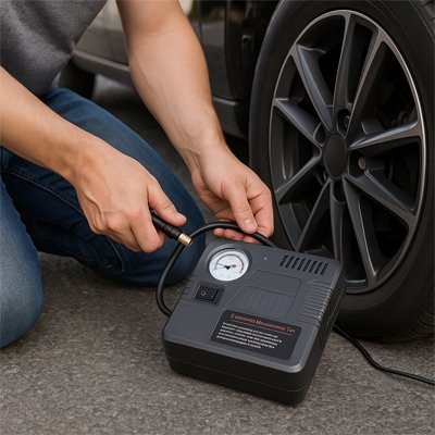 homme qui branche un gonfleur pneu voiture