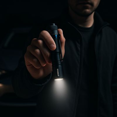 homme qui tient une lampe de poche 