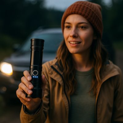 lampe de poche puissante femme devant voiture