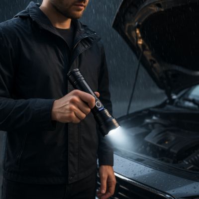 lampe de poche puissante main homme capot voiture ouvert