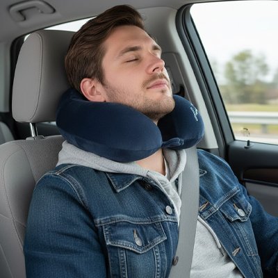 Oreiller de voyage bleu foncé homme qui dort