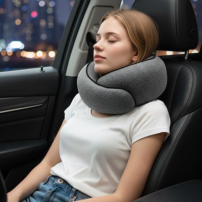 Oreiller de voyage fille qui se repose voiture