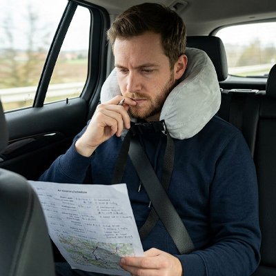 Oreiller de voyage homme qui lit dans voiture