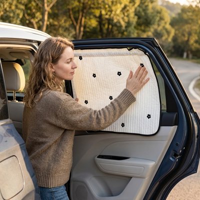 Pare soleil voiture bébé installé sur fenêtre