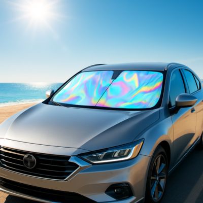 pare soleil voiture devant plage