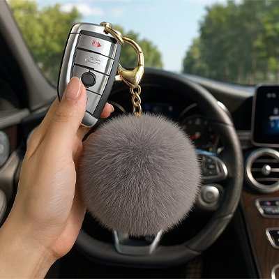 porte clés pompon gris