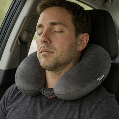 Oreiller de voyage homme dort