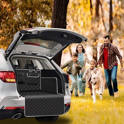 tapis voiture coffre famille et chien dehors forêt